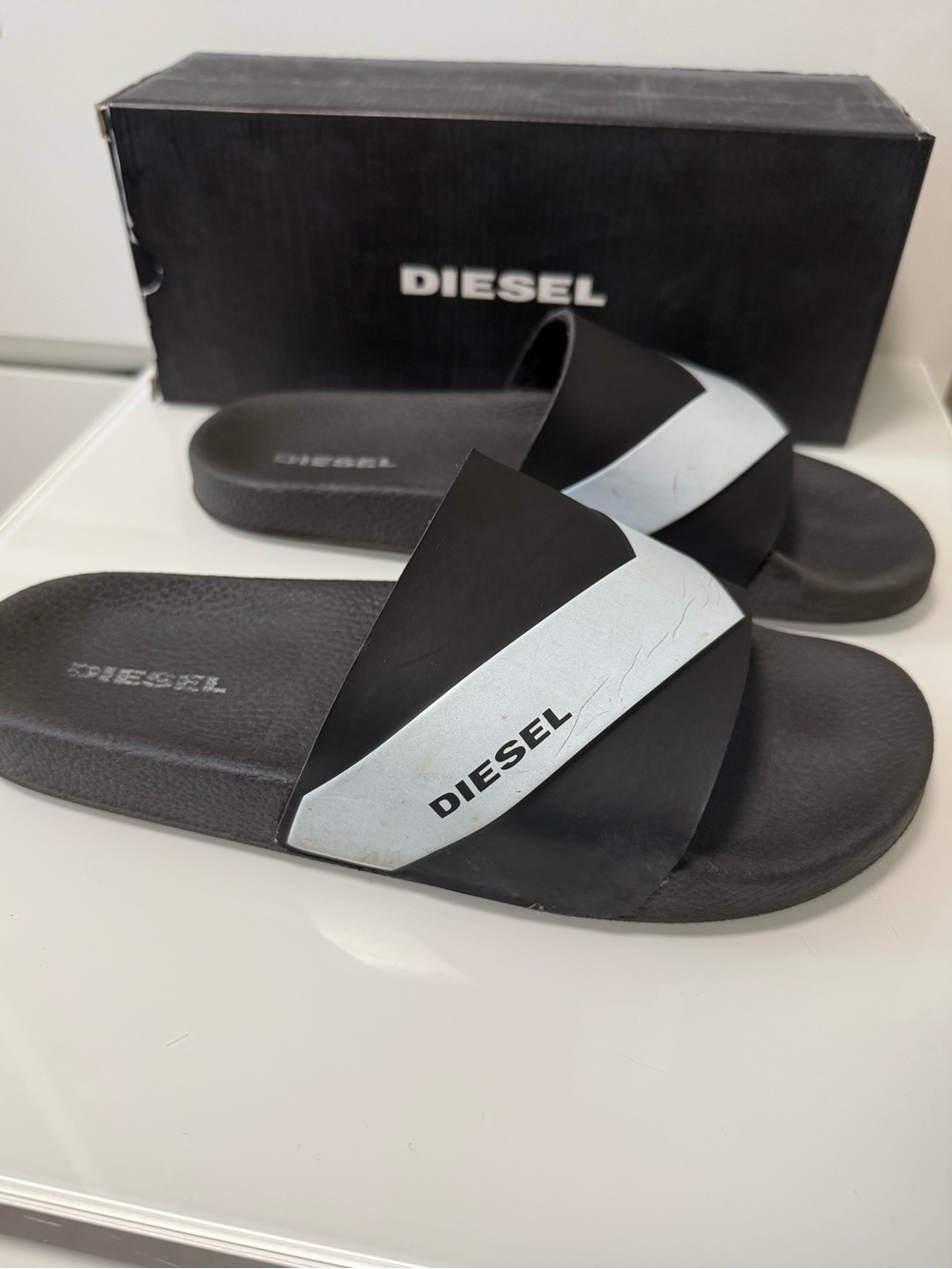 Diesel Black Slide Sandals with White Diagonal Strap